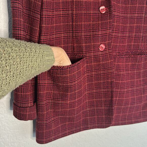 Vintage Lands’ End Dark Red Plaid Blazer Preppy Goth Money Wool Pockets Size 6 - Picture 5 of 7